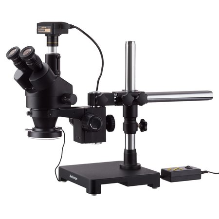 AMSCOPE 7X-45X Trinocular Stereo Zoom Microscope, Single-Arm Boom Stand, 144-LED Light, USB 3 18MP Camera SM-3T-144A-18M3-B